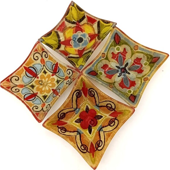 Primo  Set Of 4 Colorful Boho Floral 5"Glass Square Nut Candy Trinket Bowls New - Picture 3 of 6